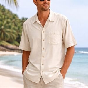 Tommy Bahama 100% Silk Button Down Shirt XL Cream Short Sleeve Casual
